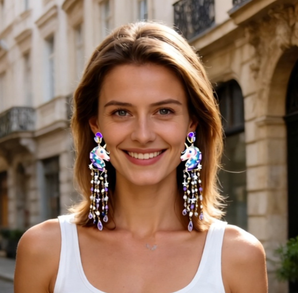 Betsey Johnson ab crystal pearls long fringe Unicorn Earrings NWT